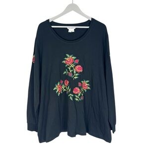 Ulla Popken size 20/22 Cross Stitched top long sleeve Black roses floral